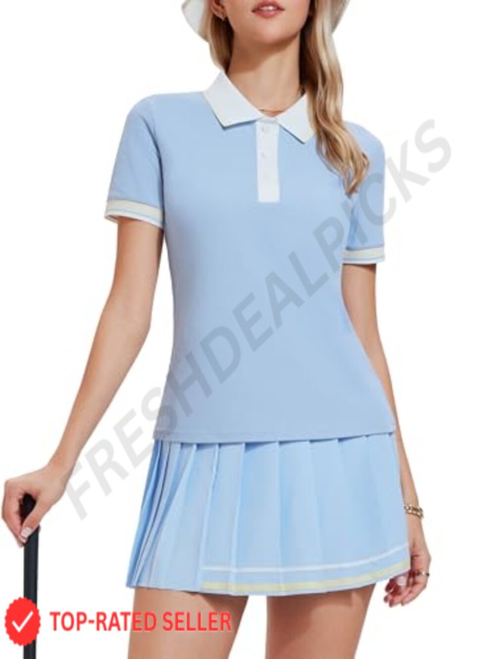 2 Piece Tennis Skirt Set Pleated Skort Ribbed Polo Top Nylon Spandex